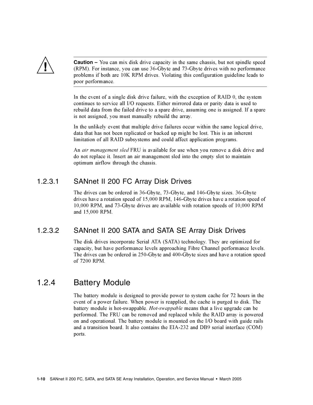 Dot Hill Systems service manual Battery Module, SANnet II 200 FC Array Disk Drives 