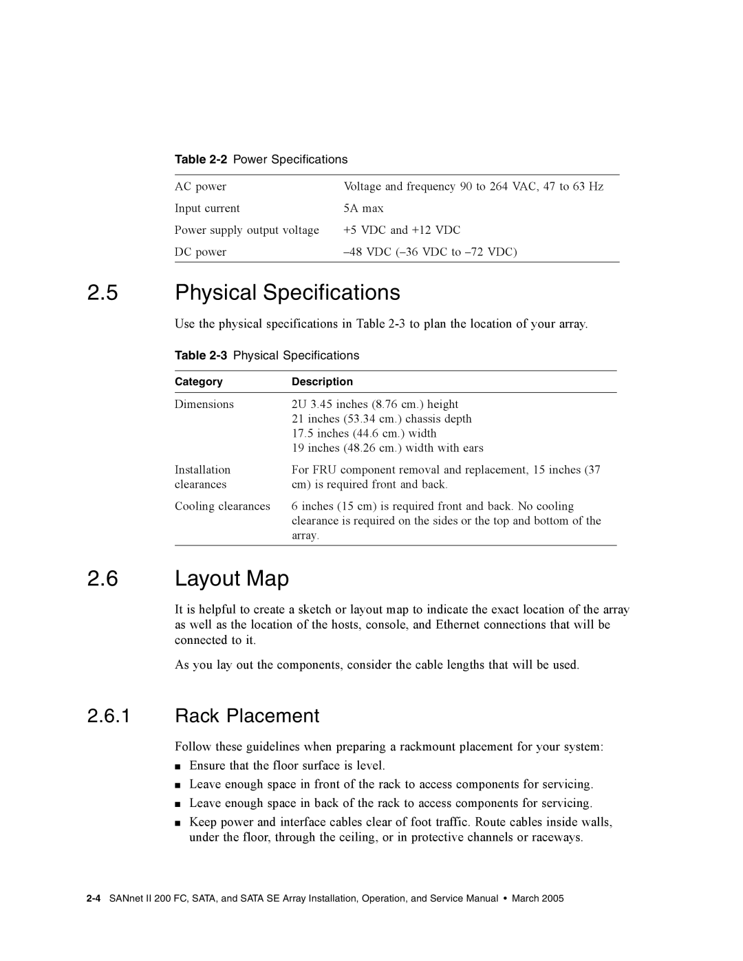 Dot Hill Systems II 200 FC service manual Physical Specifications, Layout Map, Rack Placement, 2Power Specifications 