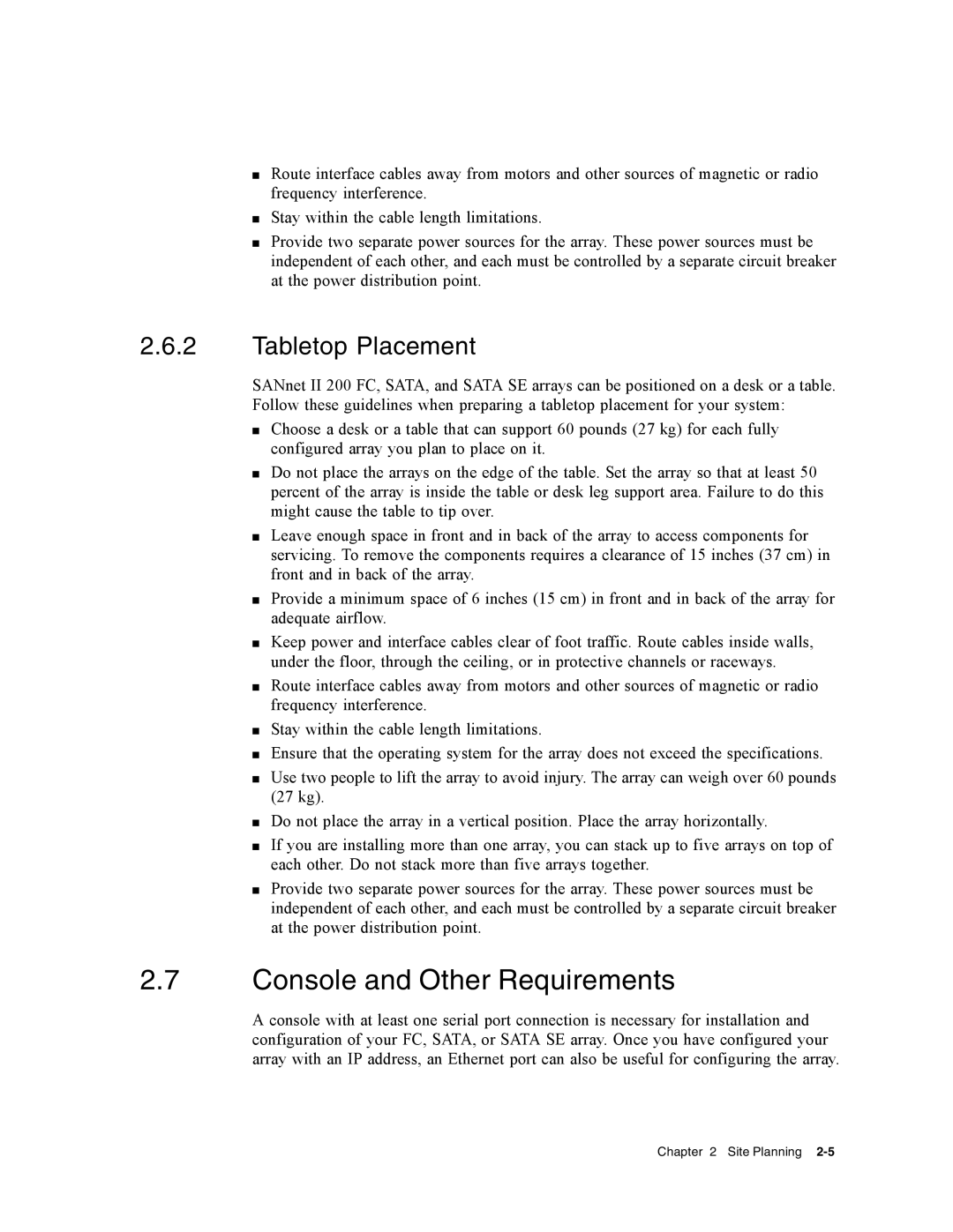 Dot Hill Systems II 200 FC service manual Console and Other Requirements, Tabletop Placement 