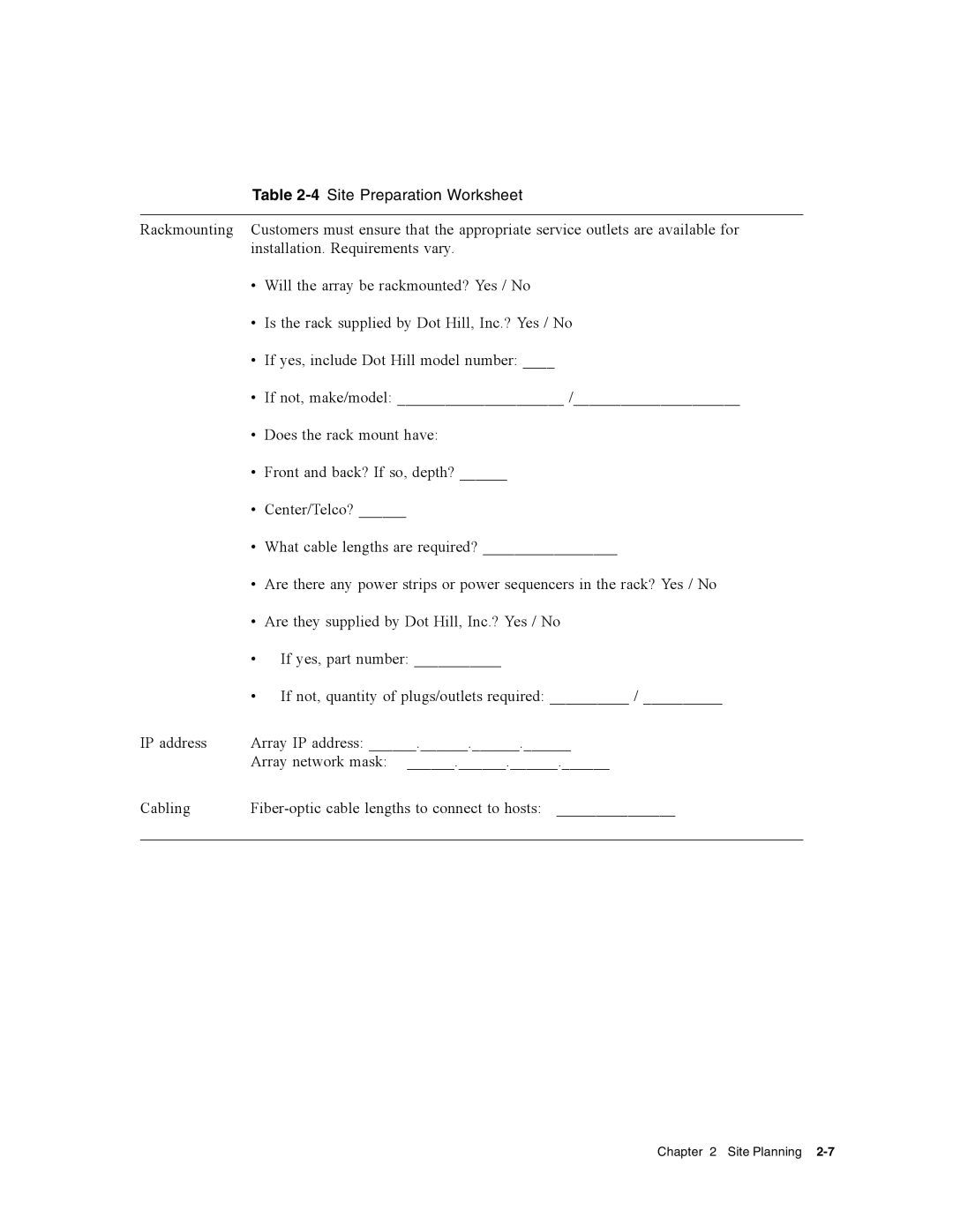 Dot Hill Systems II 200 FC service manual 4Site Preparation Worksheet 