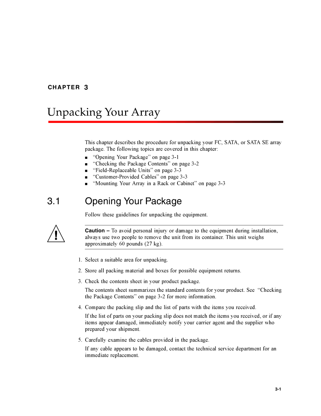 Dot Hill Systems II 200 FC service manual Unpacking Your Array, Opening Your Package 