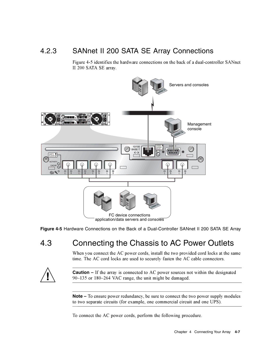 Dot Hill Systems II 200 FC Connecting the Chassis to AC Power Outlets, SANnet II 200 Sata SE Array Connections 