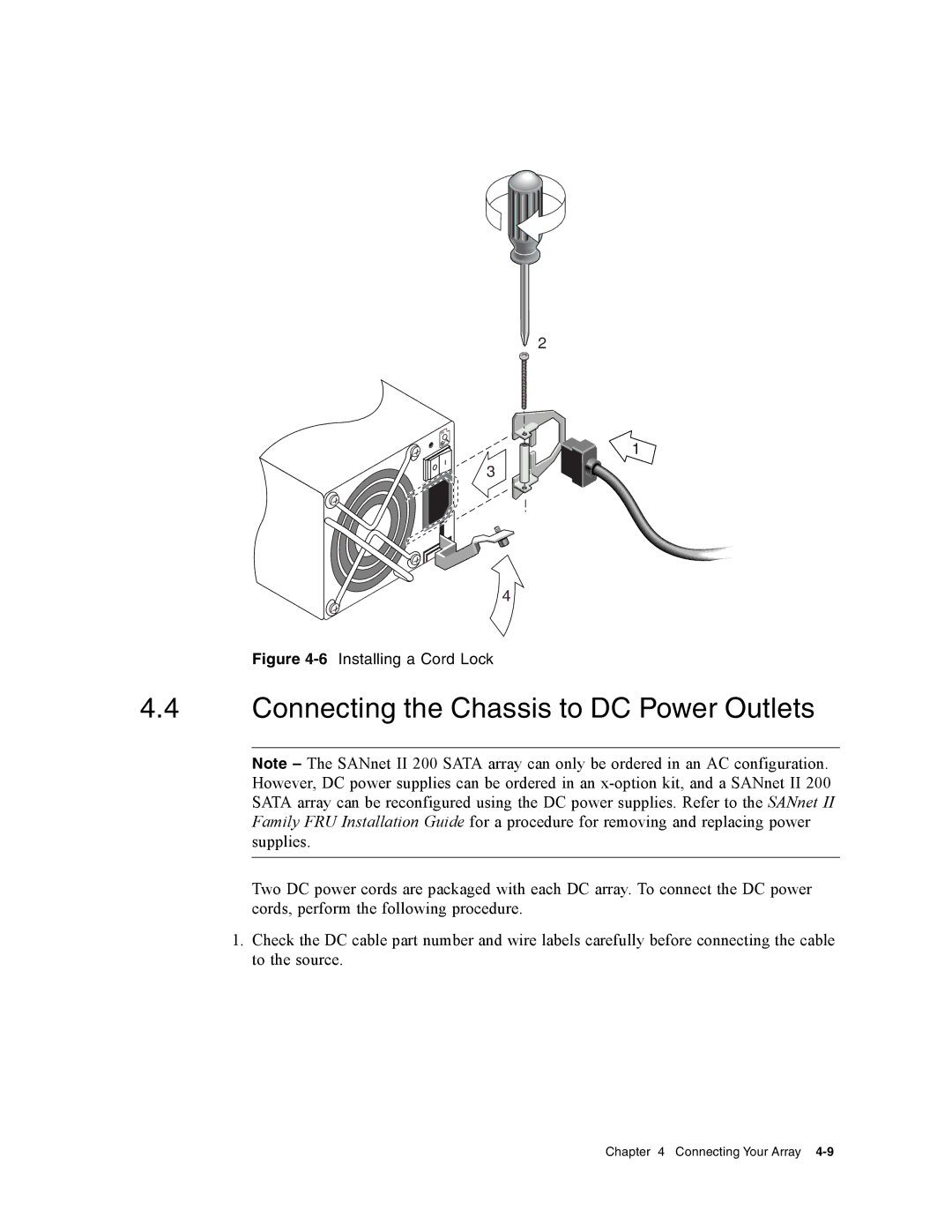 Dot Hill Systems II 200 FC service manual Connecting the Chassis to DC Power Outlets, 6Installing a Cord Lock 