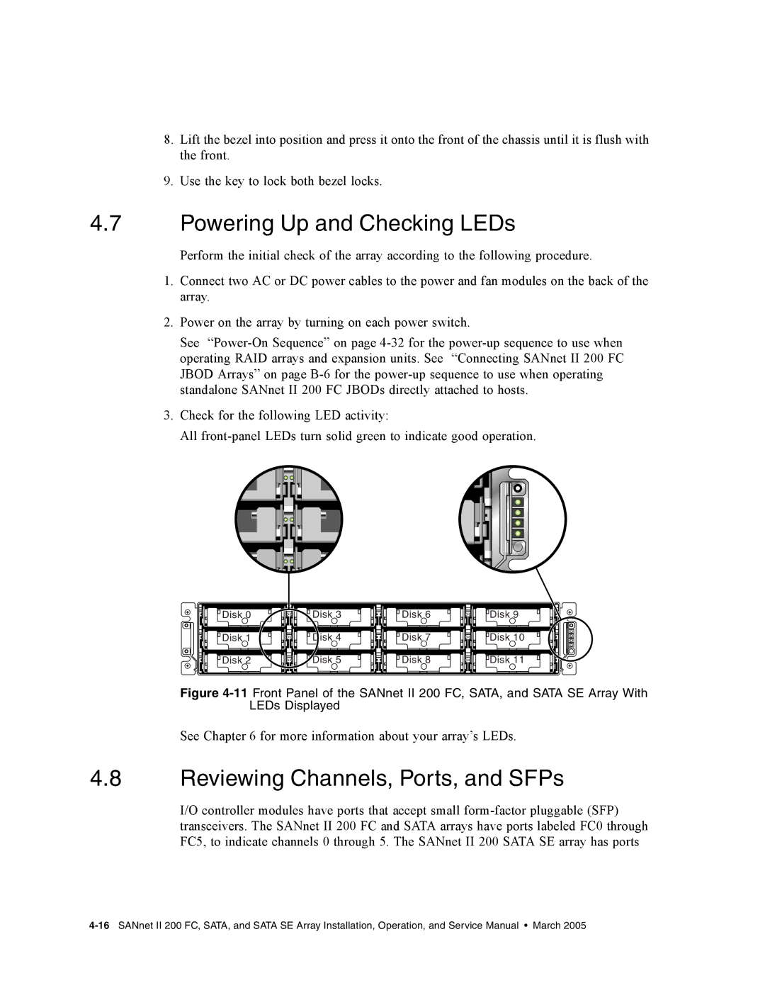 Dot Hill Systems II 200 FC service manual Powering Up and Checking LEDs, Reviewing Channels, Ports, and SFPs 