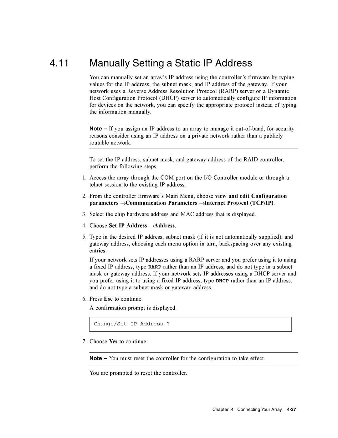 Dot Hill Systems II 200 FC service manual Manually Setting a Static IP Address, Choose Set IP Address →Address 