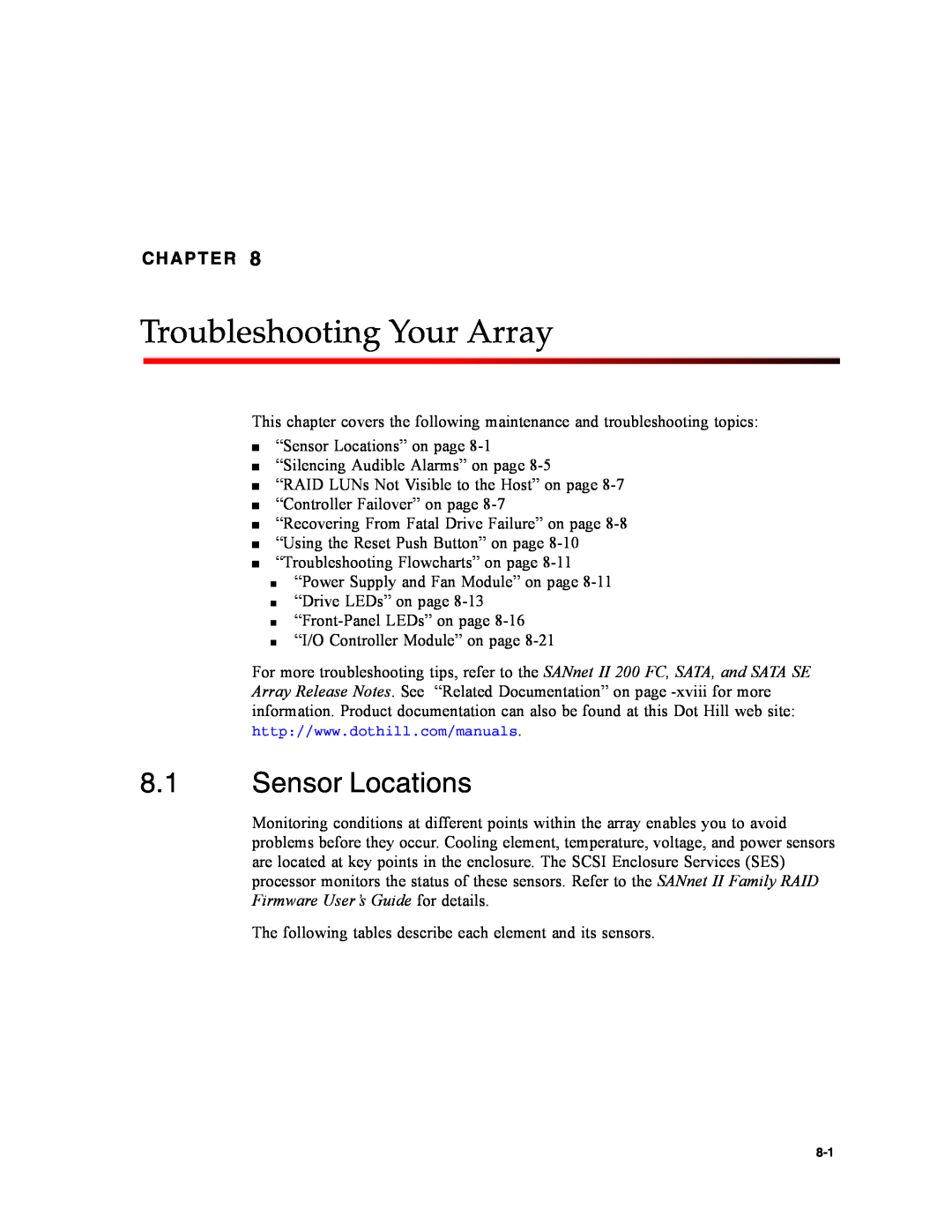 Dot Hill Systems II 200 FC service manual Troubleshooting Your Array, Sensor Locations, Chapter 