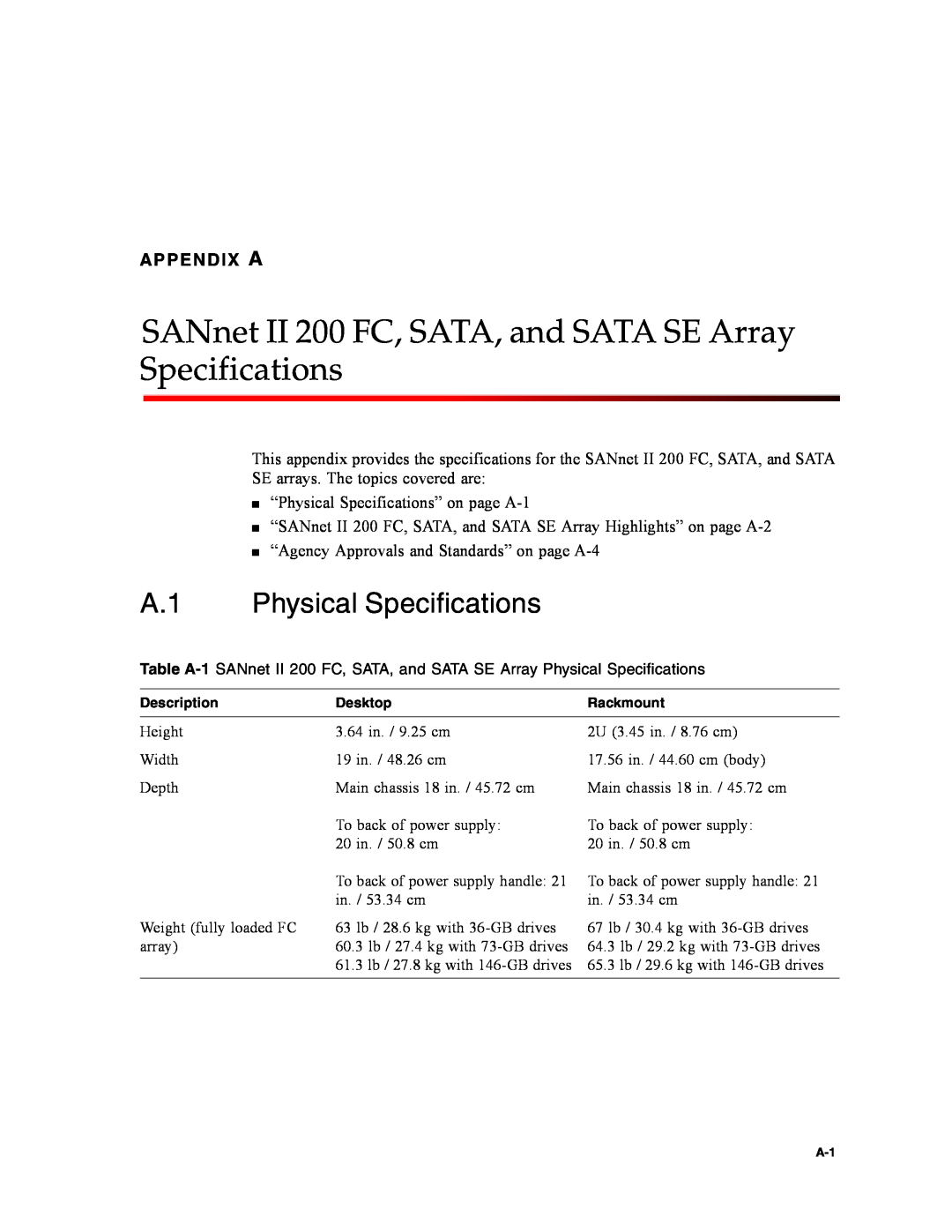 Dot Hill Systems SANnet II 200 FC, SATA, and SATA SE Array Specifications, A.1 Physical Specifications, Appendix A 