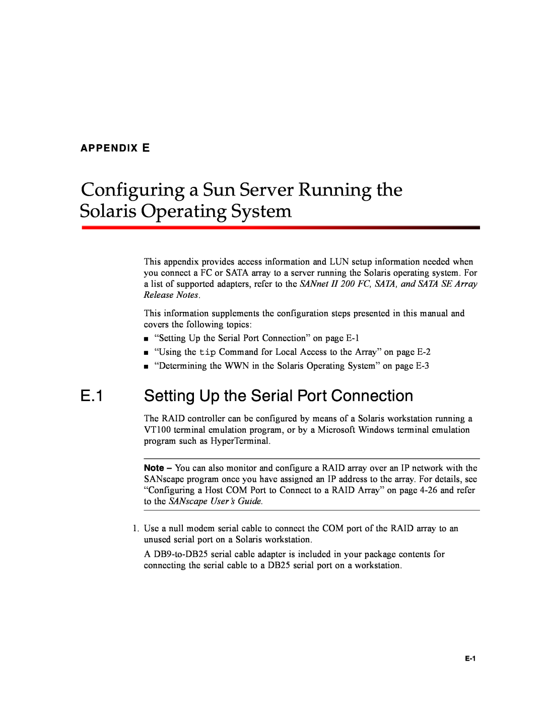 Dot Hill Systems II 200 FC service manual Configuring a Sun Server Running the Solaris Operating System, Appendix E 