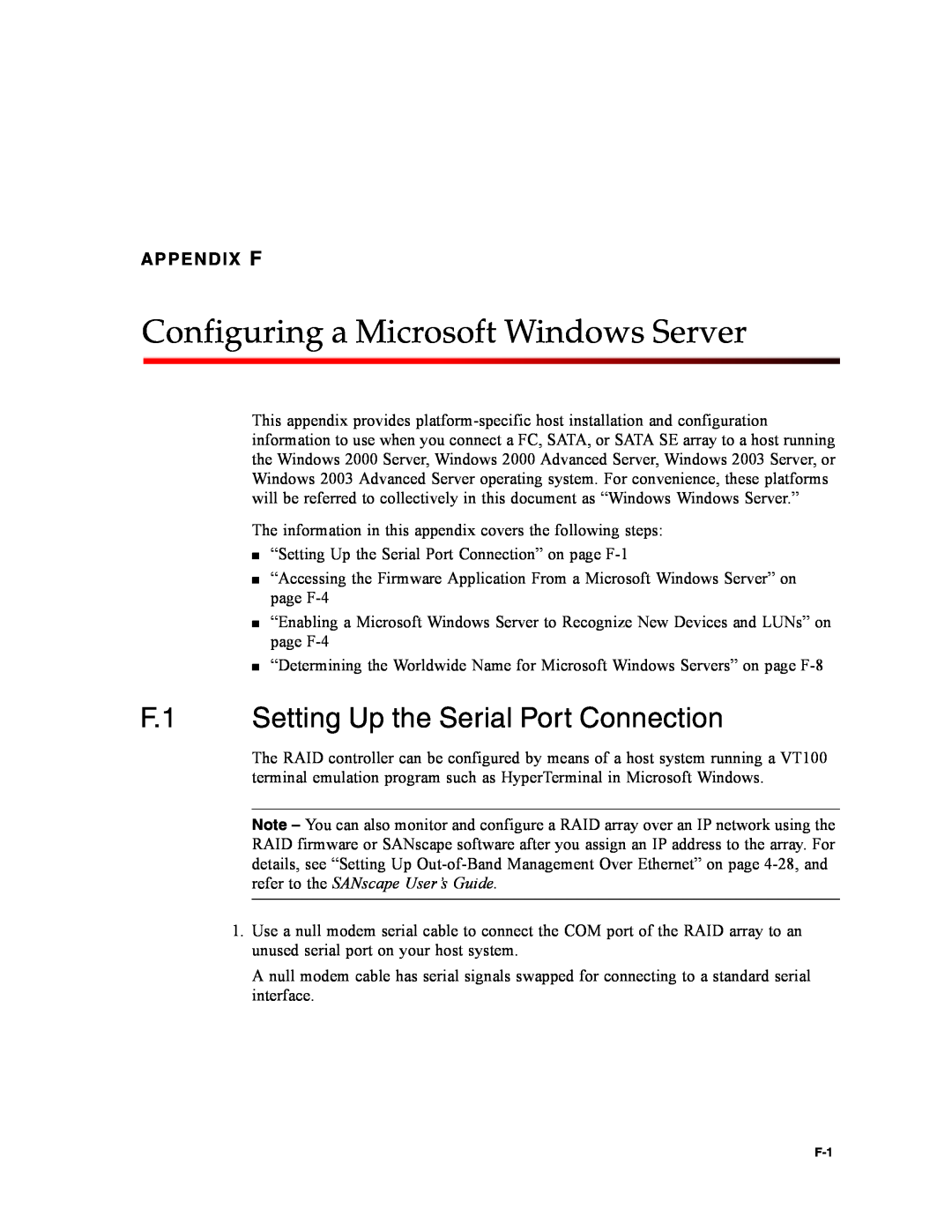 Dot Hill Systems II 200 FC Configuring a Microsoft Windows Server, F.1 Setting Up the Serial Port Connection, Appendix F 