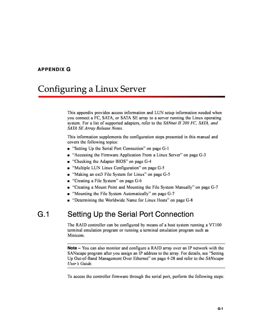 Dot Hill Systems II 200 FC service manual Configuring a Linux Server, G.1 Setting Up the Serial Port Connection, Appendix G 