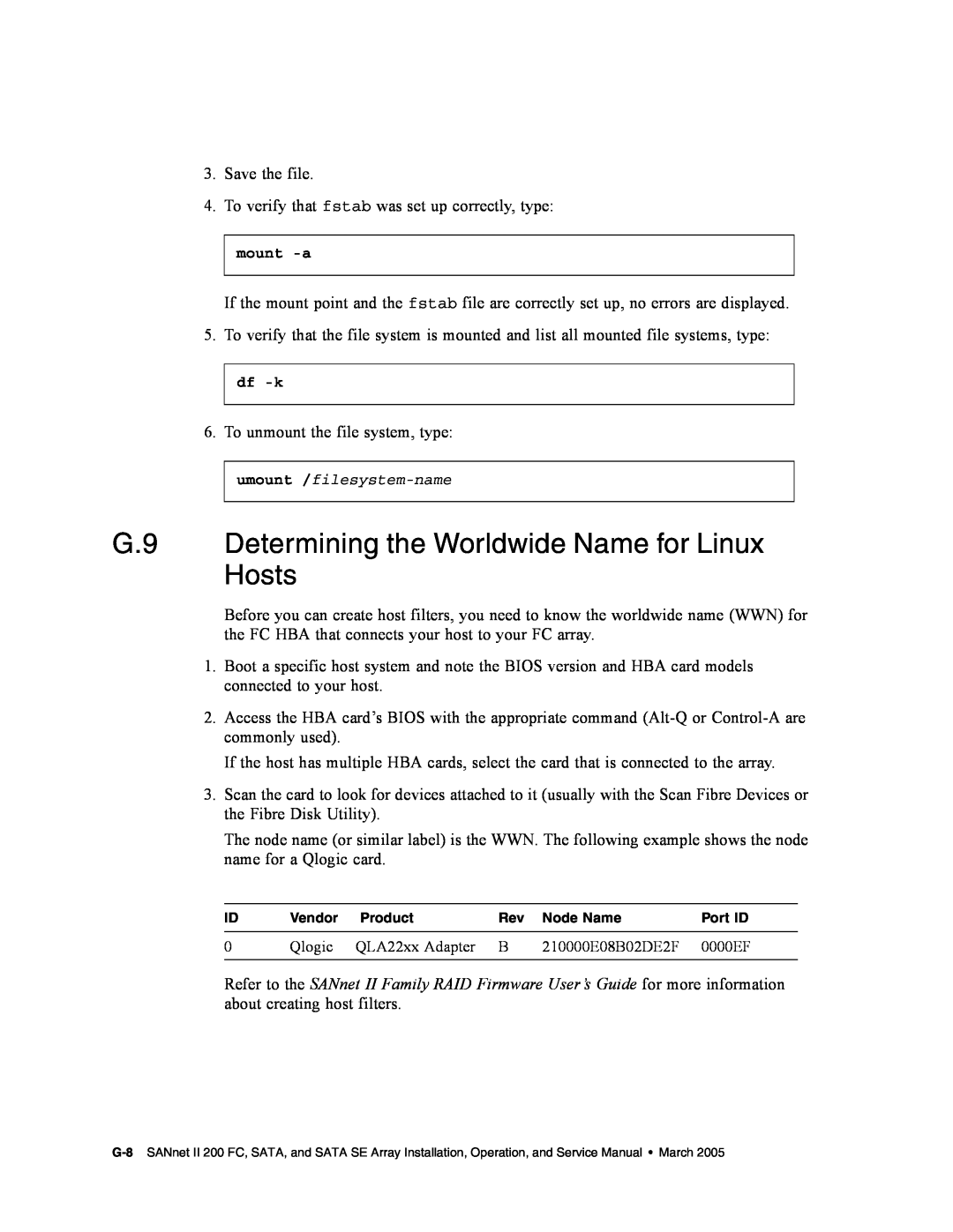 Dot Hill Systems II 200 FC service manual G.9 Determining the Worldwide Name for Linux Hosts, mount -a, df -k 