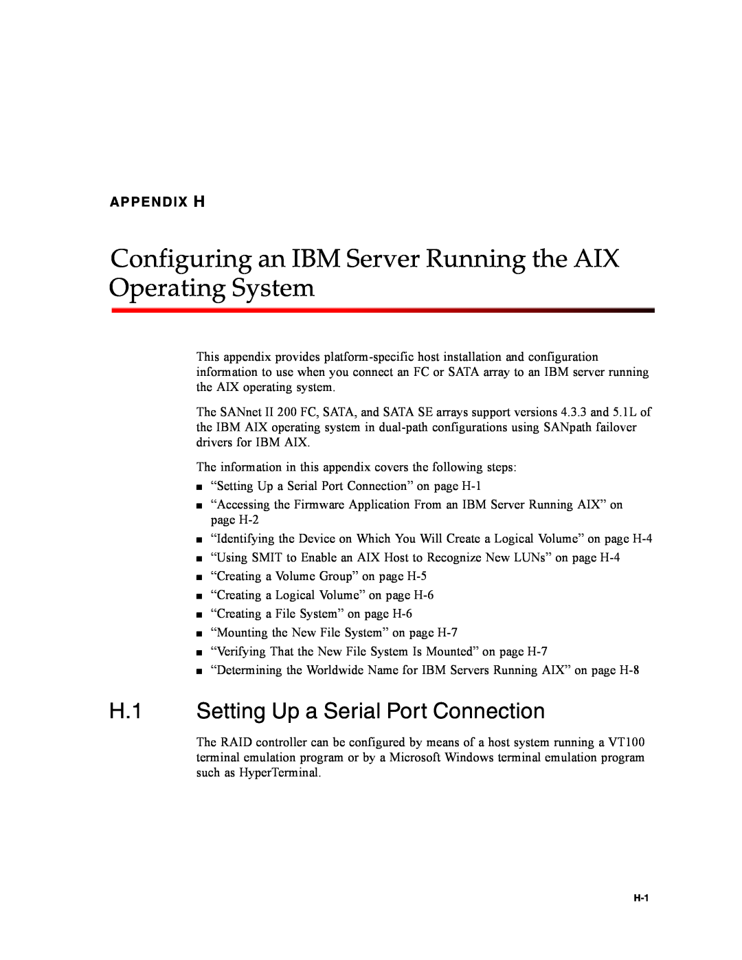 Dot Hill Systems II 200 FC service manual Configuring an IBM Server Running the AIX Operating System, Appendix H 