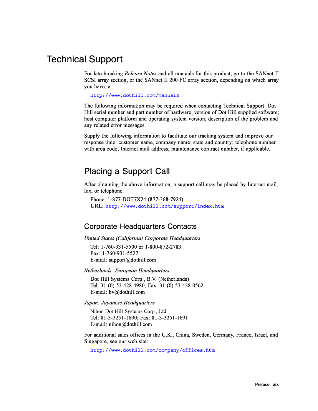 Dot Hill Systems II 200 FC service manual Technical Support, Placing a Support Call, Corporate Headquarters Contacts 