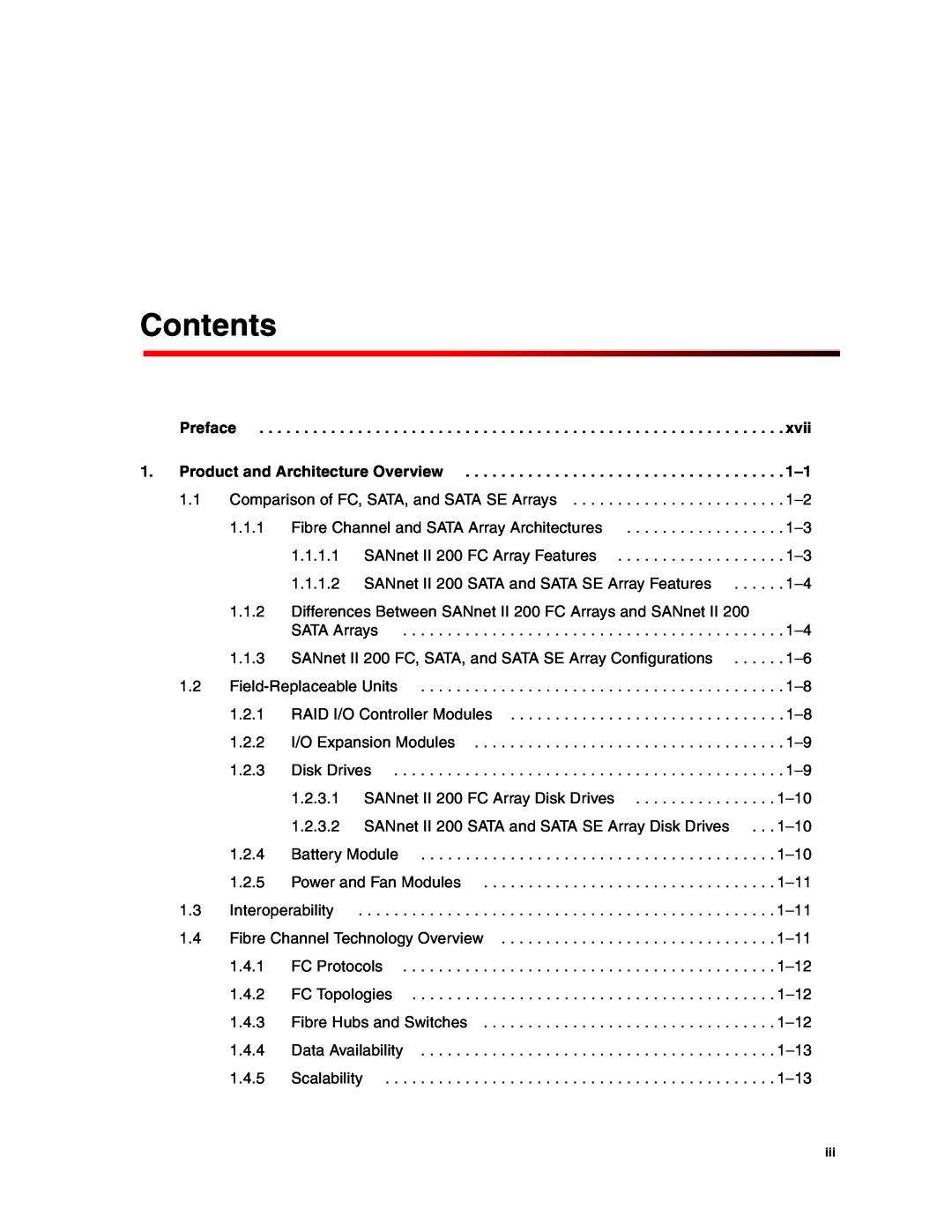Dot Hill Systems II 200 FC service manual Contents, Preface, xvii, Product and Architecture Overview 