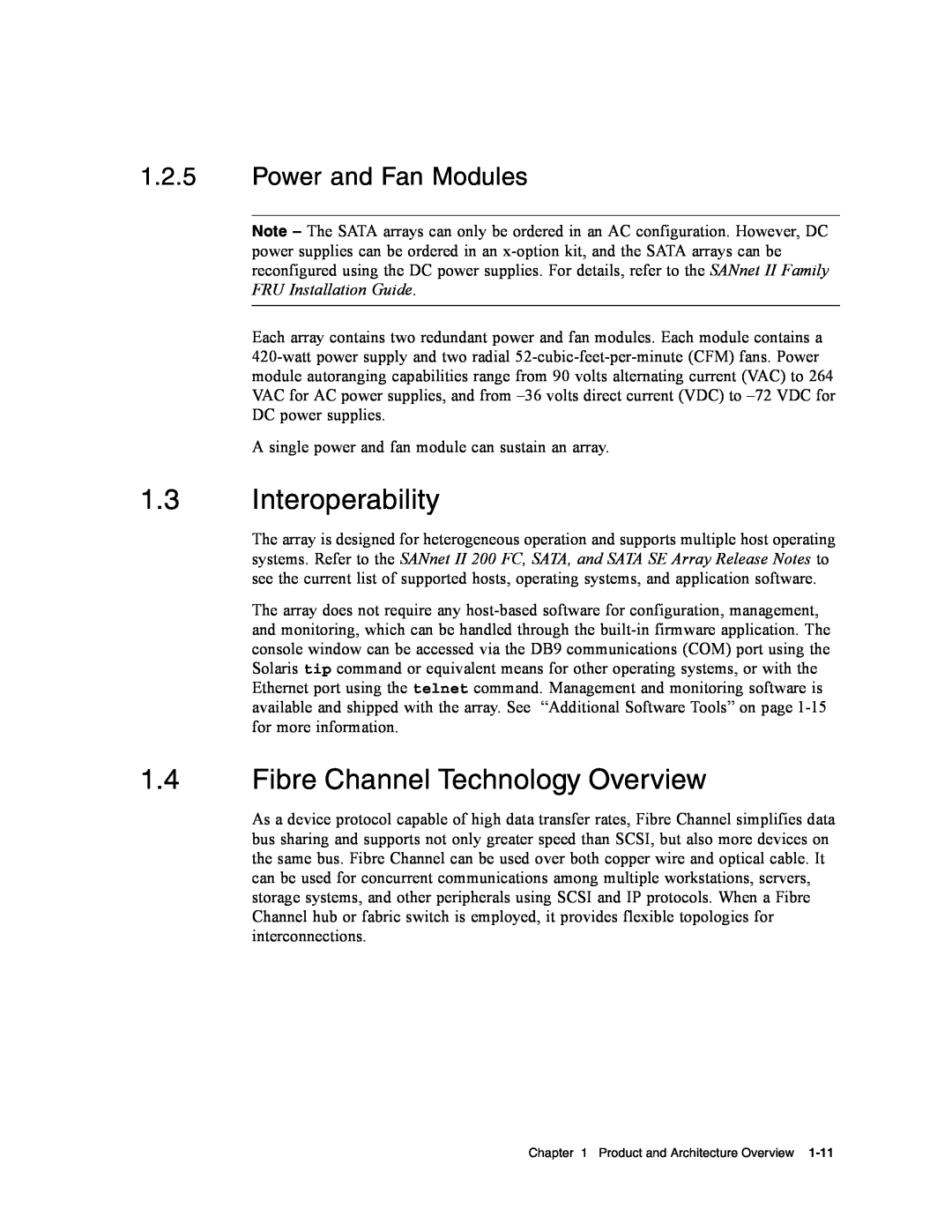 Dot Hill Systems II 200 FC service manual Interoperability, Fibre Channel Technology Overview, Power and Fan Modules 