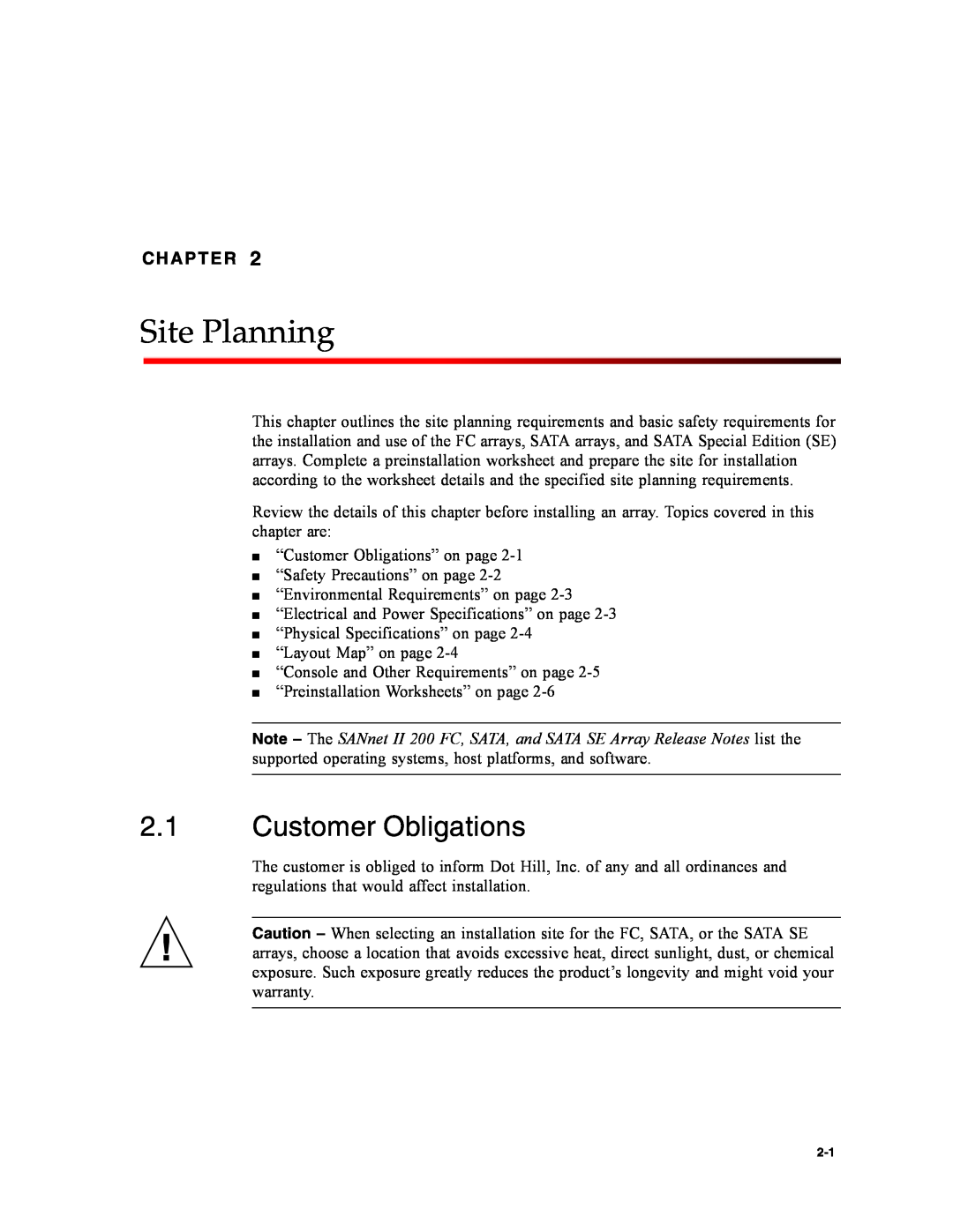 Dot Hill Systems II 200 FC service manual Site Planning, Customer Obligations, Chapter 