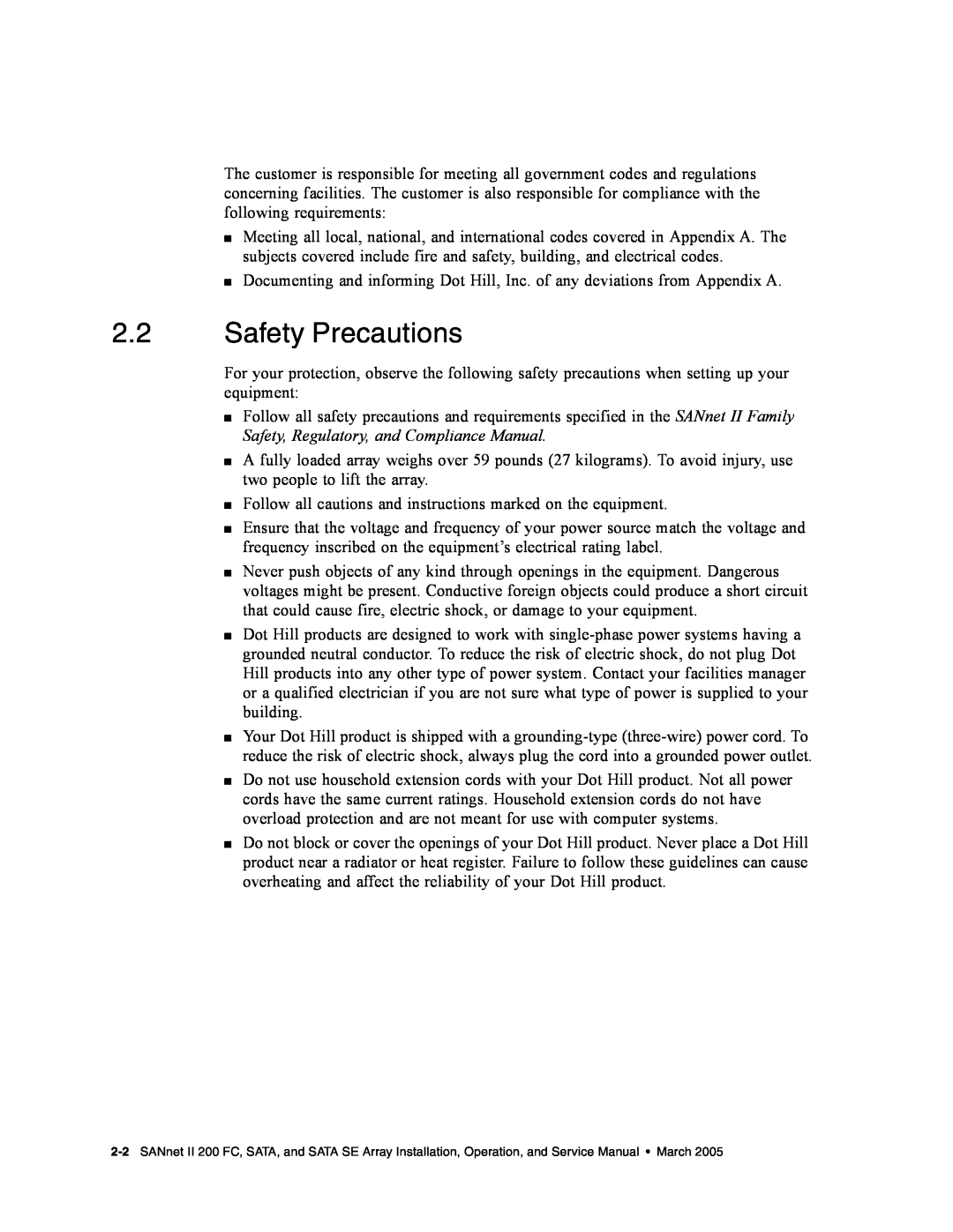 Dot Hill Systems II 200 FC service manual Safety Precautions 