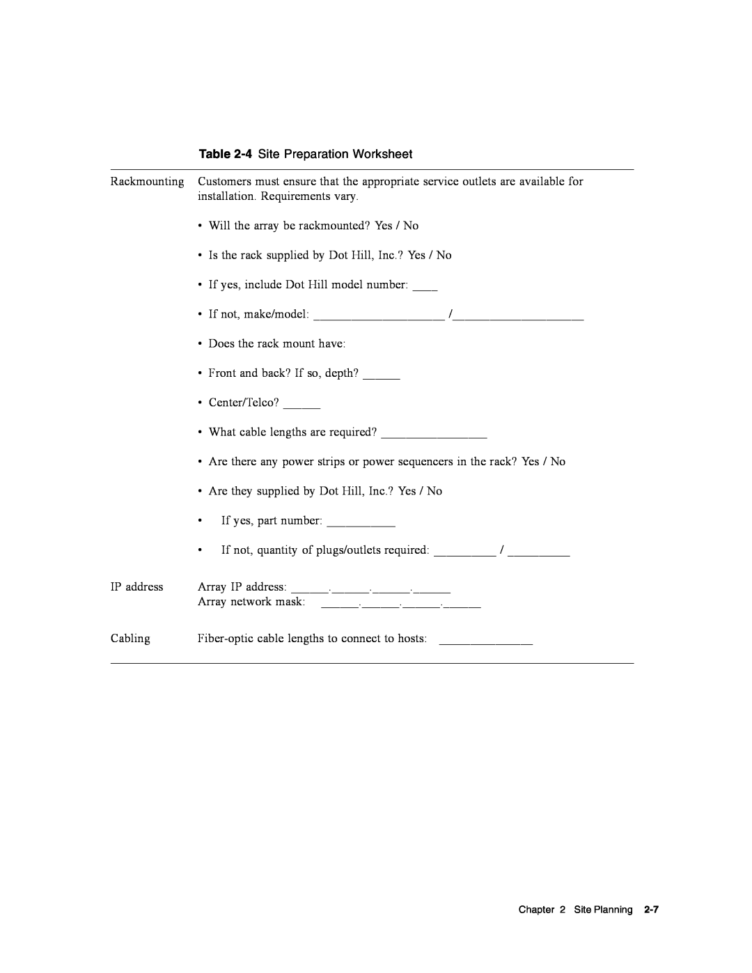 Dot Hill Systems II 200 FC service manual 4 Site Preparation Worksheet 