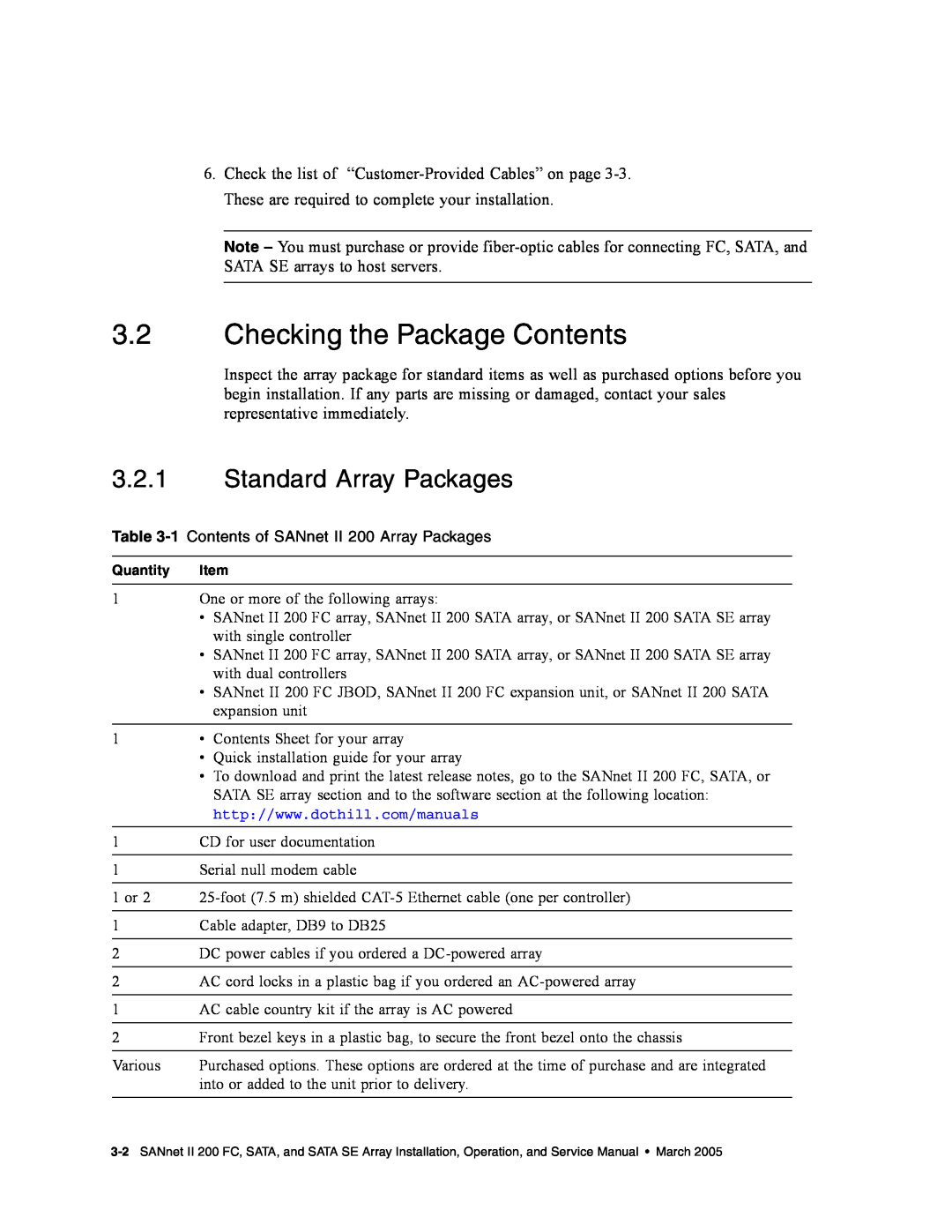 Dot Hill Systems II 200 FC service manual Checking the Package Contents, Standard Array Packages 