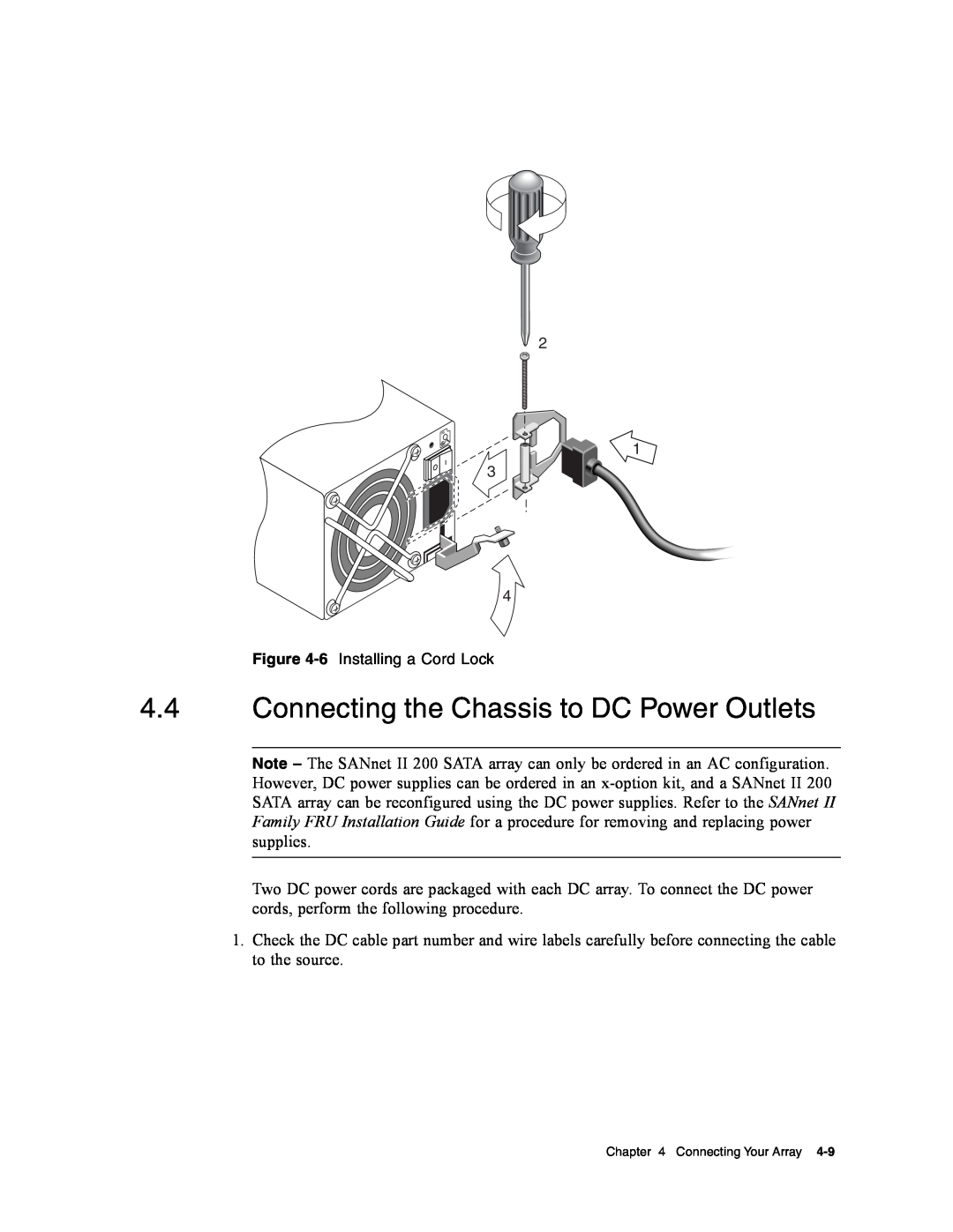 Dot Hill Systems II 200 FC service manual Connecting the Chassis to DC Power Outlets, 6 Installing a Cord Lock 