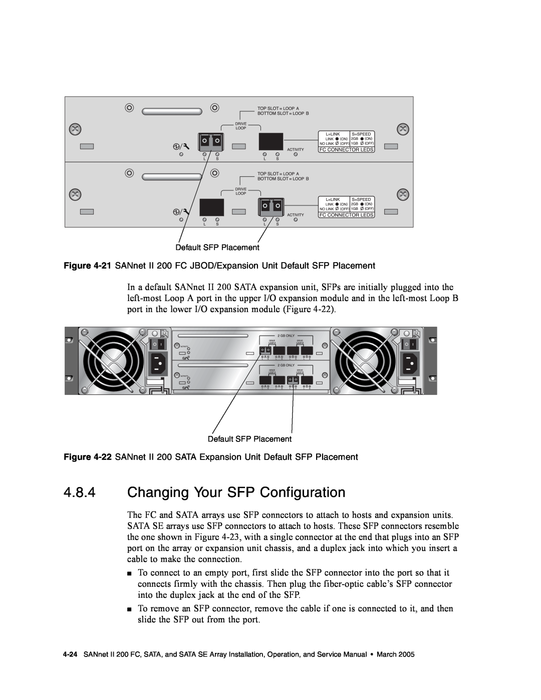 Dot Hill Systems II 200 FC Changing Your SFP Configuration, 22 SANnet II 200 SATA Expansion Unit Default SFP Placement 