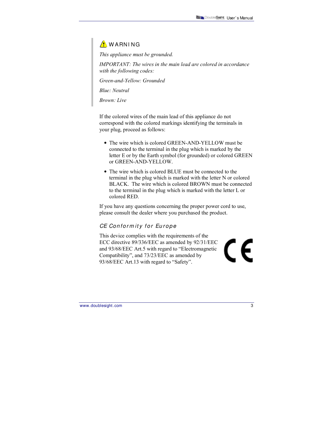 DoubleSight Displays DS-15xx user manual CE Conformity for Europe 