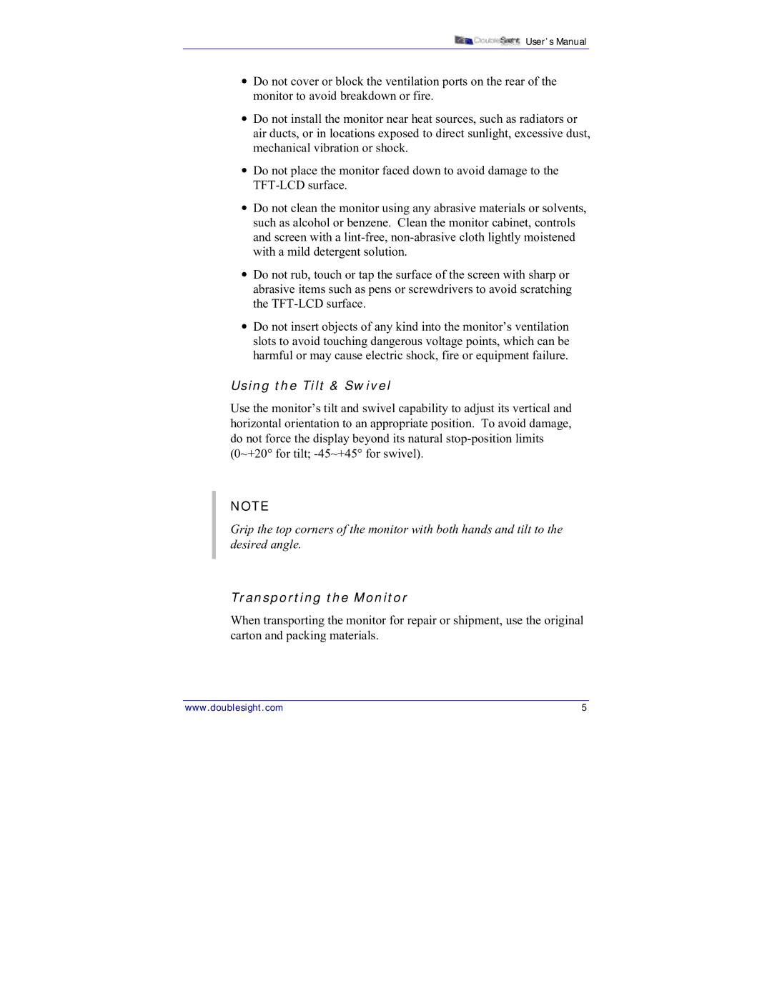 DoubleSight Displays DS-15xx user manual Using the Tilt & Swivel, Transporting the Monitor 