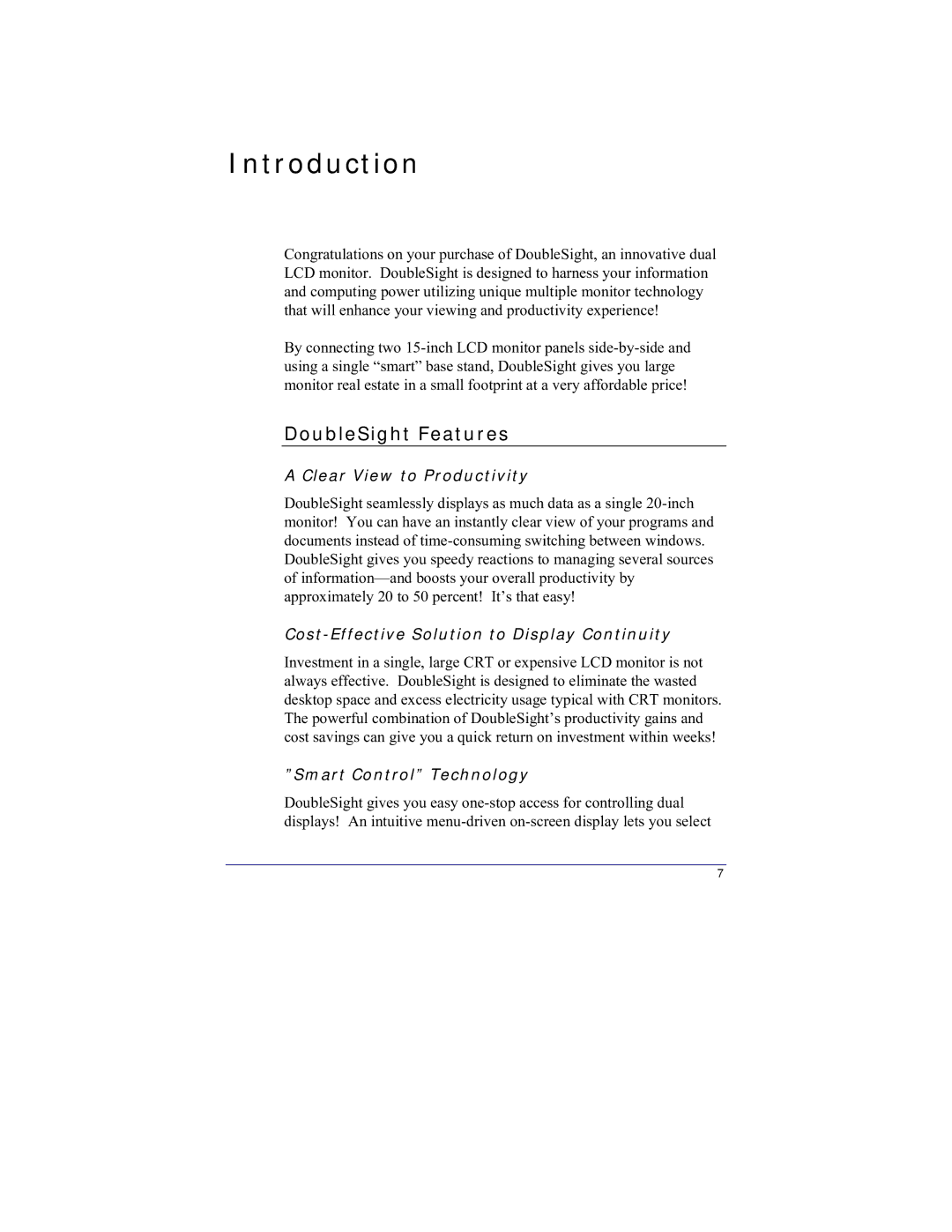 DoubleSight Displays DS-15xx Introduction, DoubleSight Features, Clear View to Productivity, Smart Control Technology 