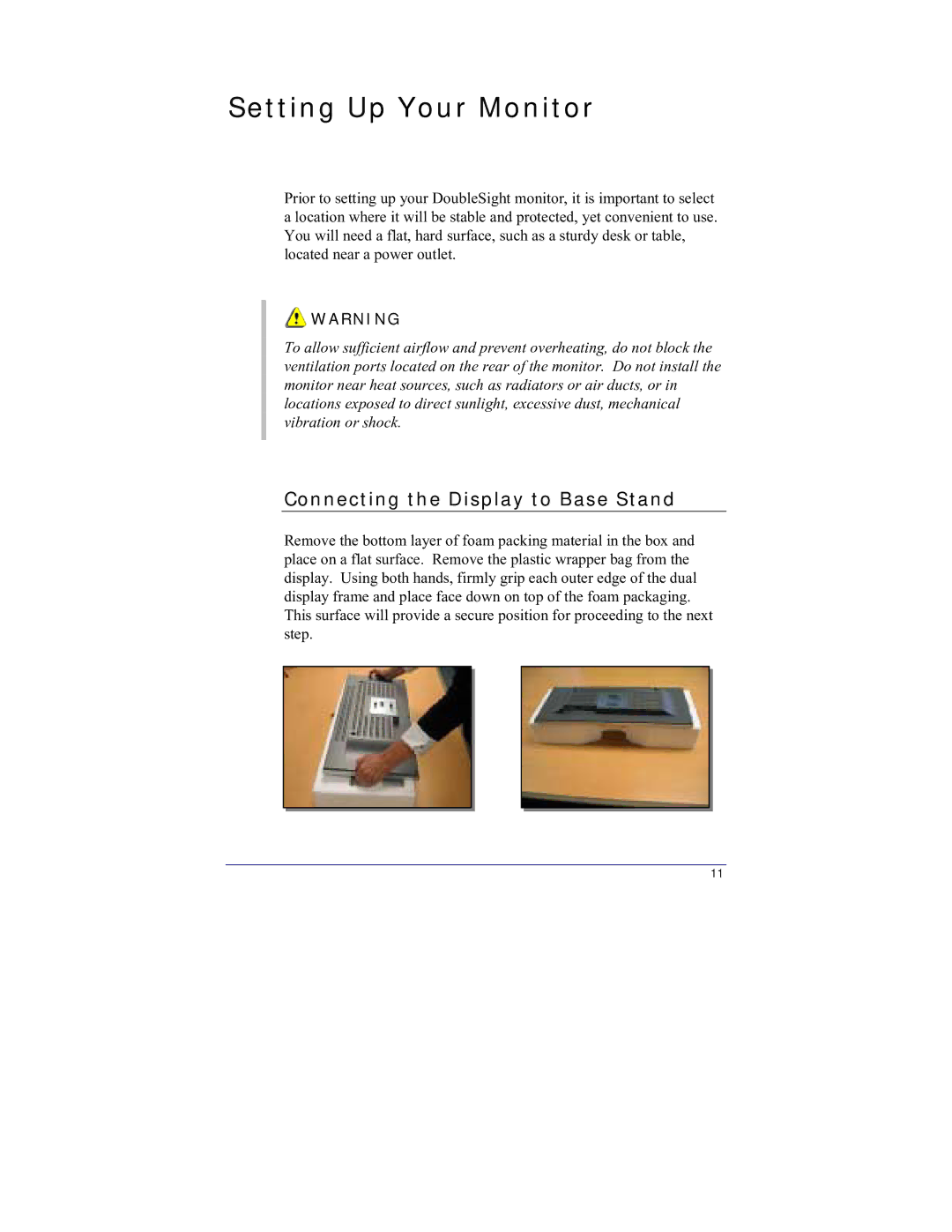 DoubleSight Displays DS-15xx user manual Setting Up Your Monitor, Connecting the Display to Base Stand 