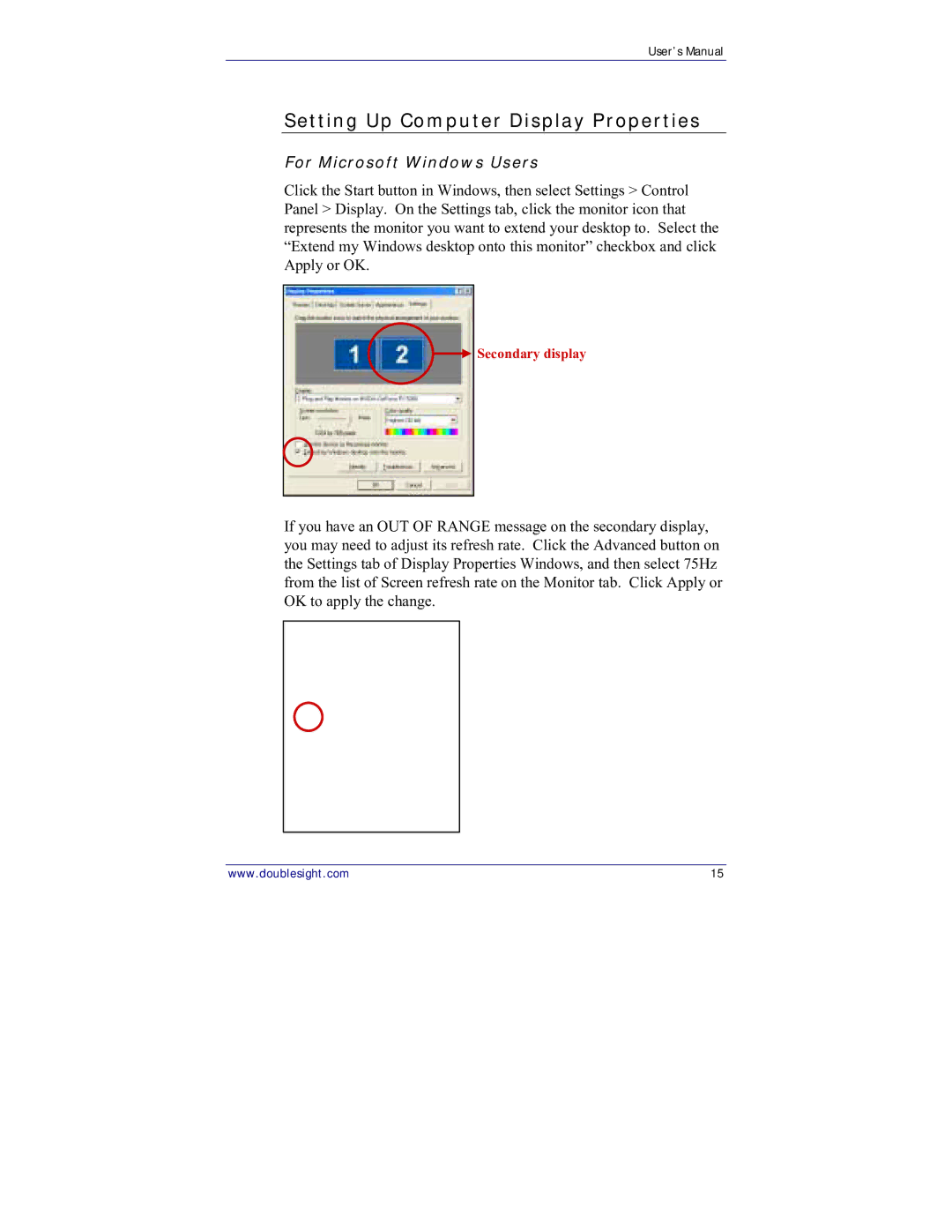 DoubleSight Displays DS-15xx user manual Setting Up Computer Display Properties, For Microsoft Windows Users 