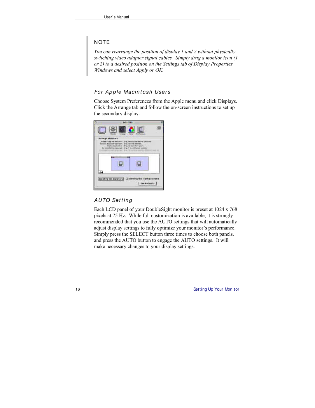 DoubleSight Displays DS-15xx user manual For Apple Macintosh Users, Auto Setting 