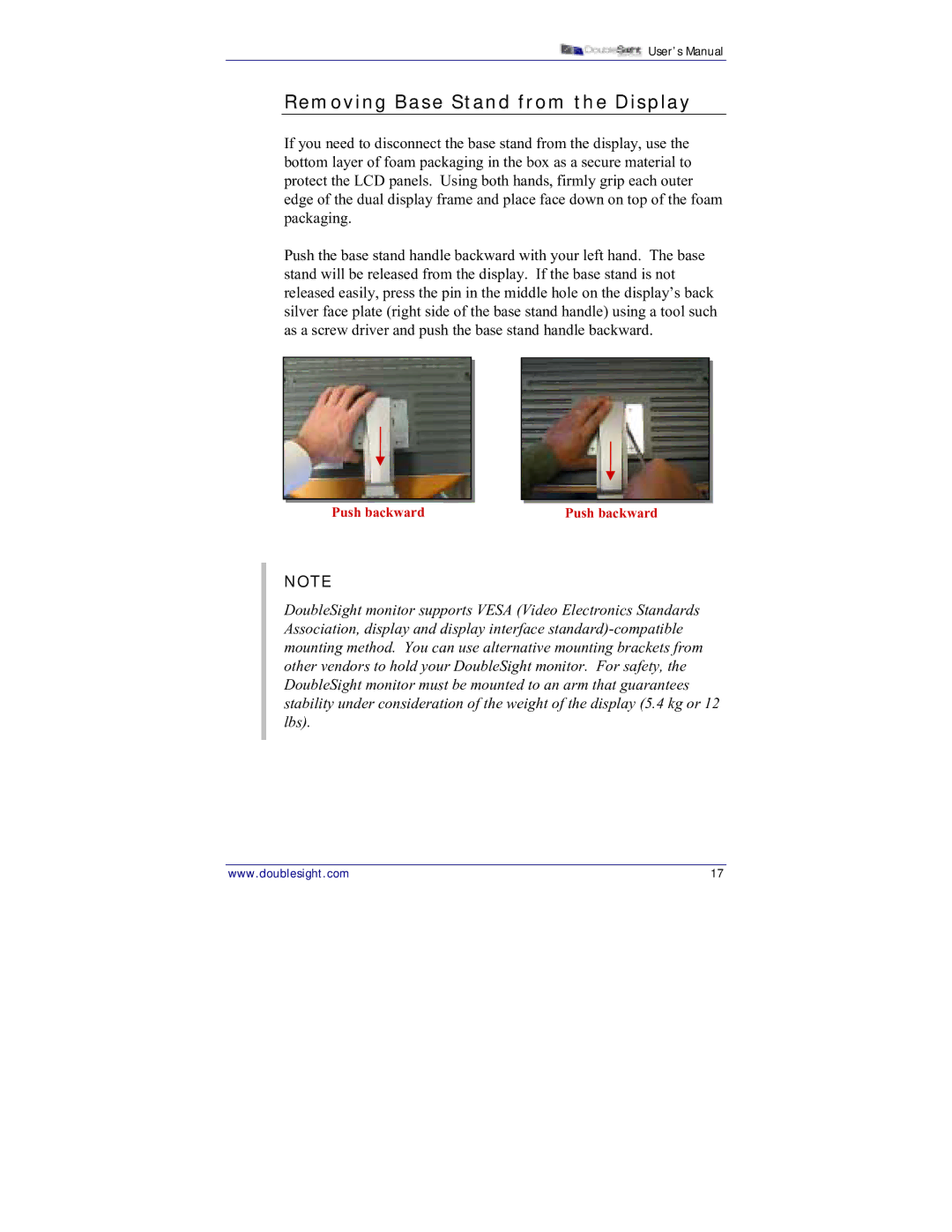 DoubleSight Displays DS-15xx user manual Removing Base Stand from the Display 