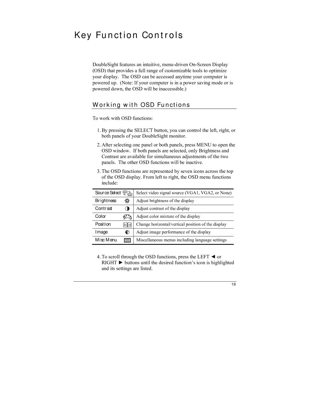 DoubleSight Displays DS-15xx user manual Key Function Controls, Working with OSD Functions 