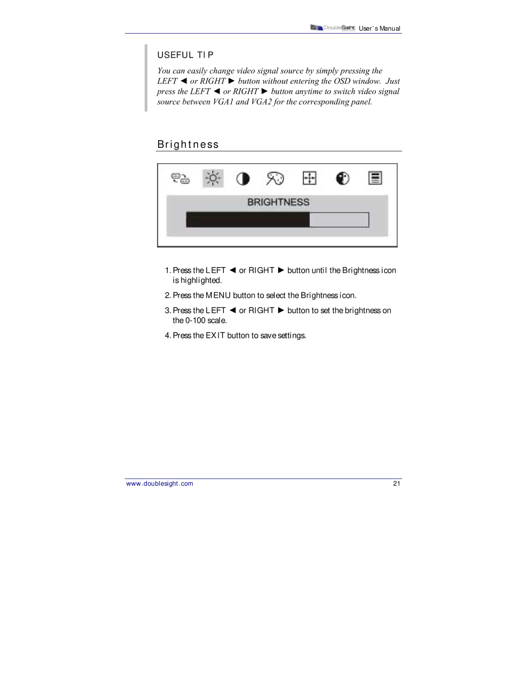 DoubleSight Displays DS-15xx user manual Brightness, Useful TIP 