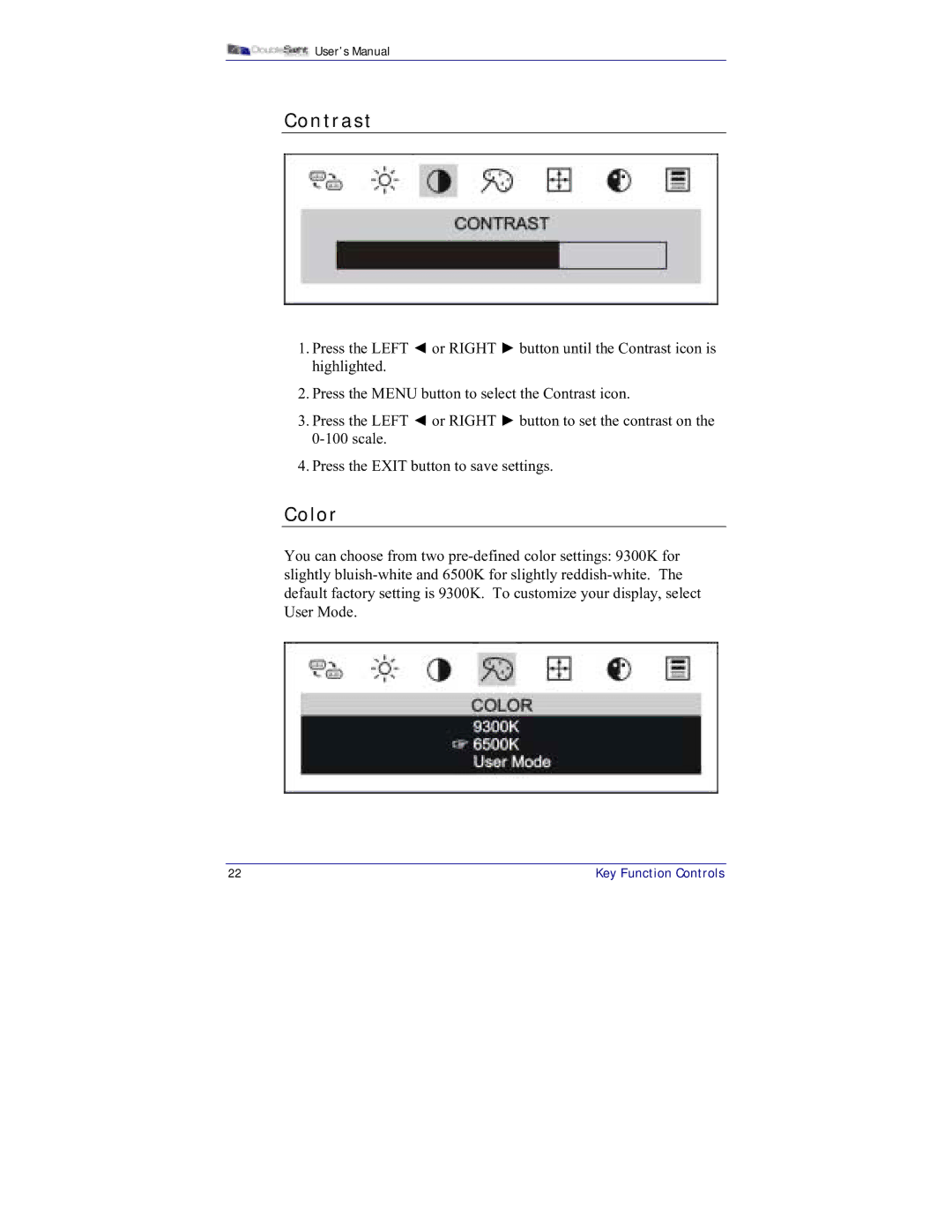 DoubleSight Displays DS-15xx user manual Contrast, Color 