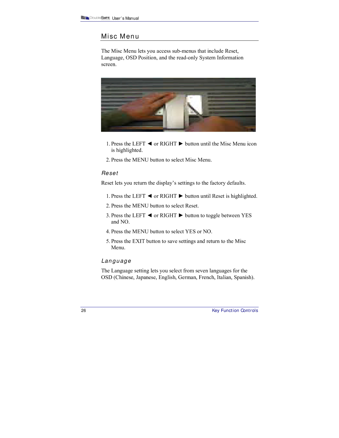 DoubleSight Displays DS-15xx user manual Misc Menu, Reset, Language 