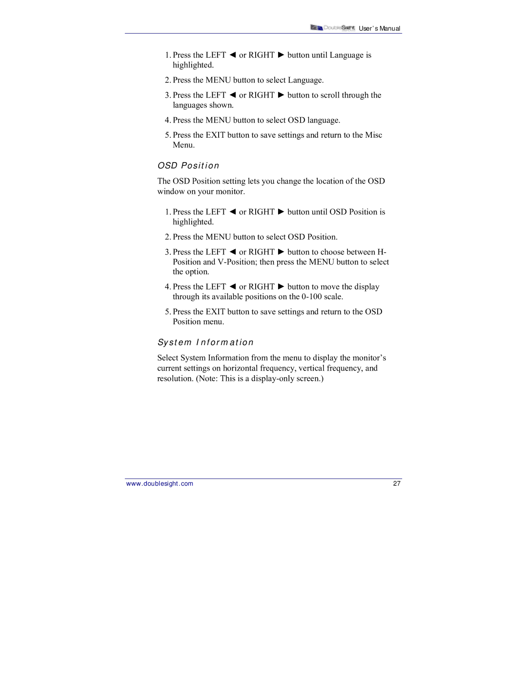 DoubleSight Displays DS-15xx user manual OSD Position, System Information 