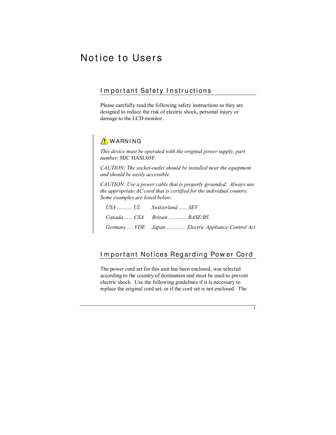 DoubleSight Displays DS-15xx user manual Important Safety Instructions, Important Notices Regarding Power Cord 