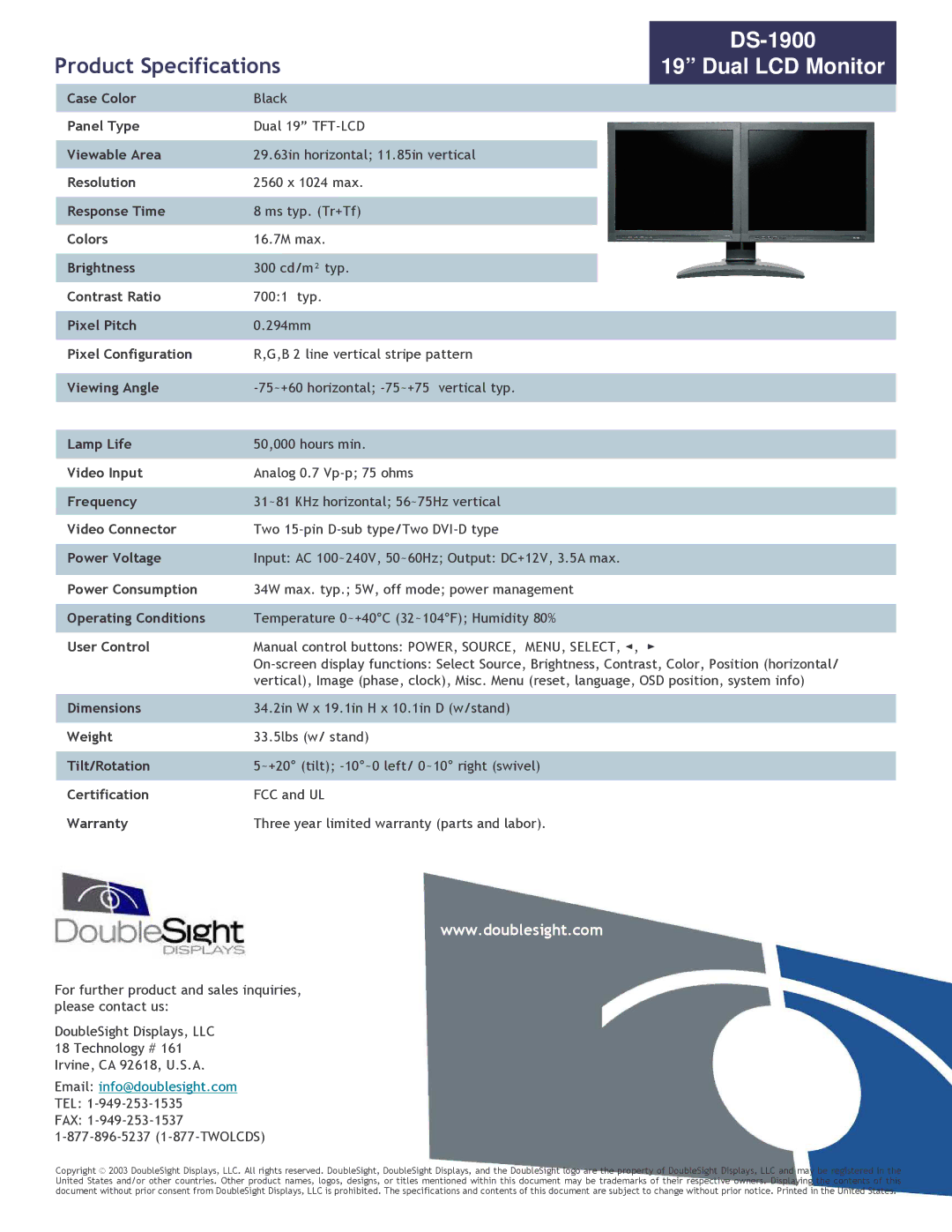 DoubleSight Displays DS-1900 manual Dual LCD Monitor 