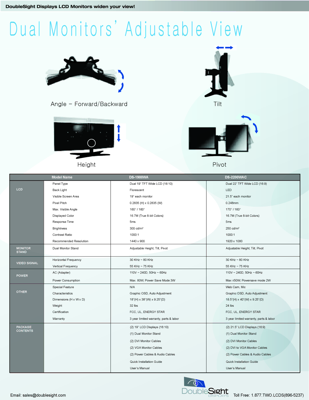 DoubleSight Displays DoubleSight, DS-1900WA, DS-2200WAC Lcd, Monitor, Stand Video Signal, Power, Other, Package, Contents 