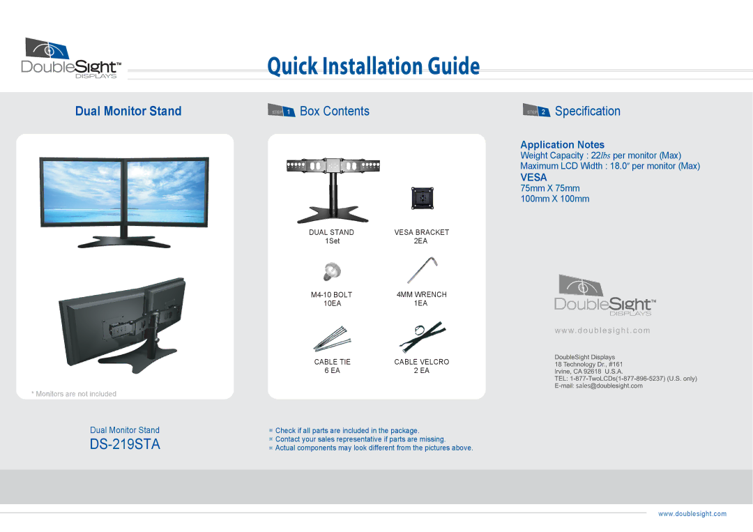 DoubleSight Displays Dual Monitor Stand manual DS-219STA, Box Contents 