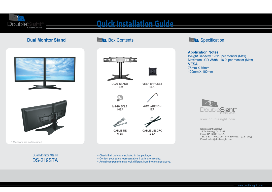 DoubleSight Displays Dual Monitor Stand manual Box Contents, DS-219STA, Specification, Application Notes, Vesa, Dual Stand 