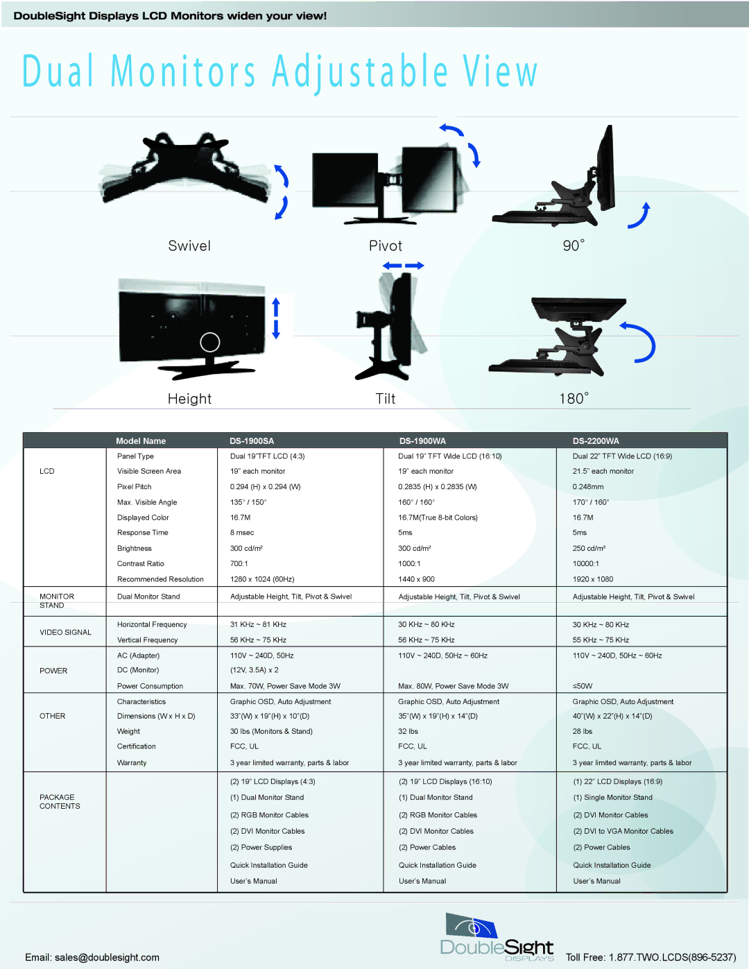 DoubleSight Displays DS-2200WA-C manual Lcd, Monitor, Stand Video Signal, Power, Other, Fcc, Ul, Package, Contents 