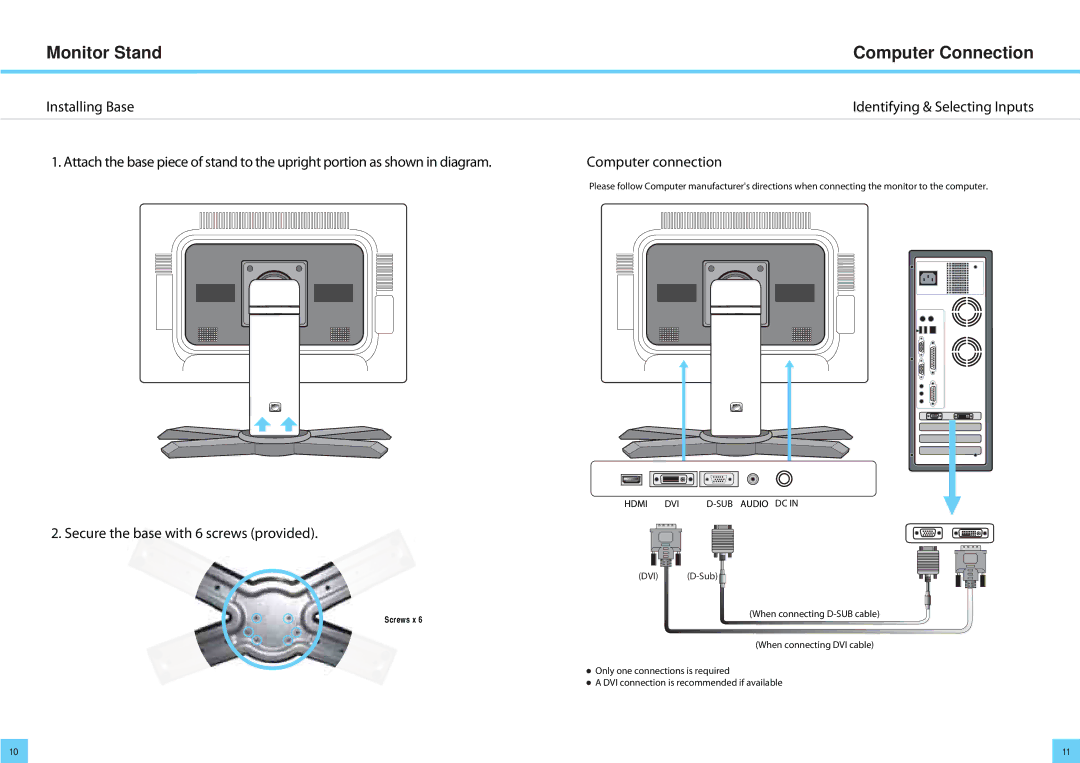 DoubleSight Displays DS-2700DW user manual Monitor Stand Computer Connection, Secure the base with 6 screws provided 