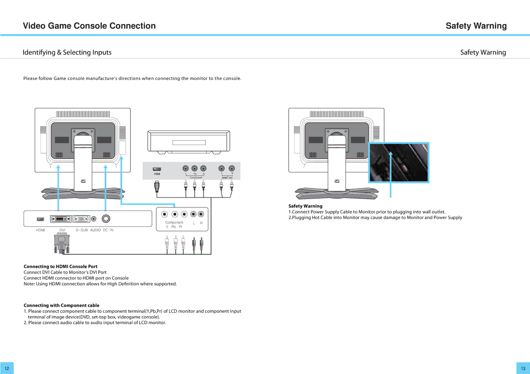 DoubleSight Displays DoubleSight LCD Monitor, DS-2700DW user manual Video Game Console Connection Safety Warning 