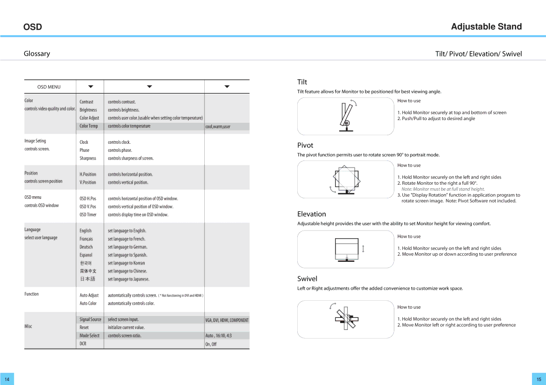 DoubleSight Displays DS-2700DW, DoubleSight LCD Monitor user manual Adjustable Stand, Tilt, Pivot, Elevation, Swivel 