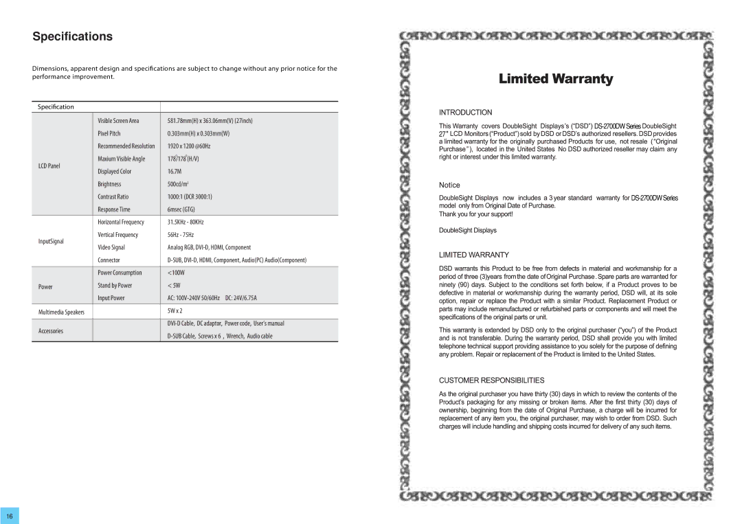 DoubleSight Displays DoubleSight LCD Monitor, DS-2700DW user manual Specifications 