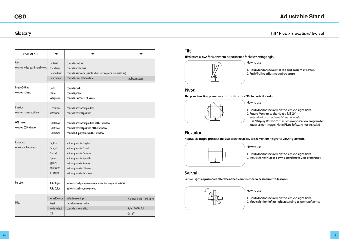 DoubleSight Displays DS-2700DW user manual Adjustable Stand, Glossary, Tilt/ Pivot/ Elevation/ Swivel 