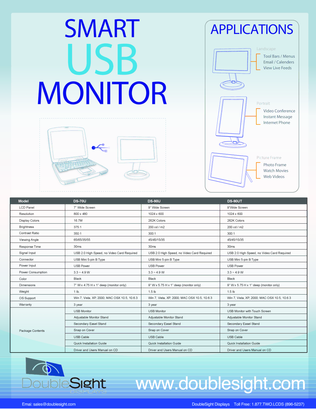 DoubleSight Displays DS-90UT, DS-70U, Smart USB Expand Your View Monitor manual Usb, Applications 