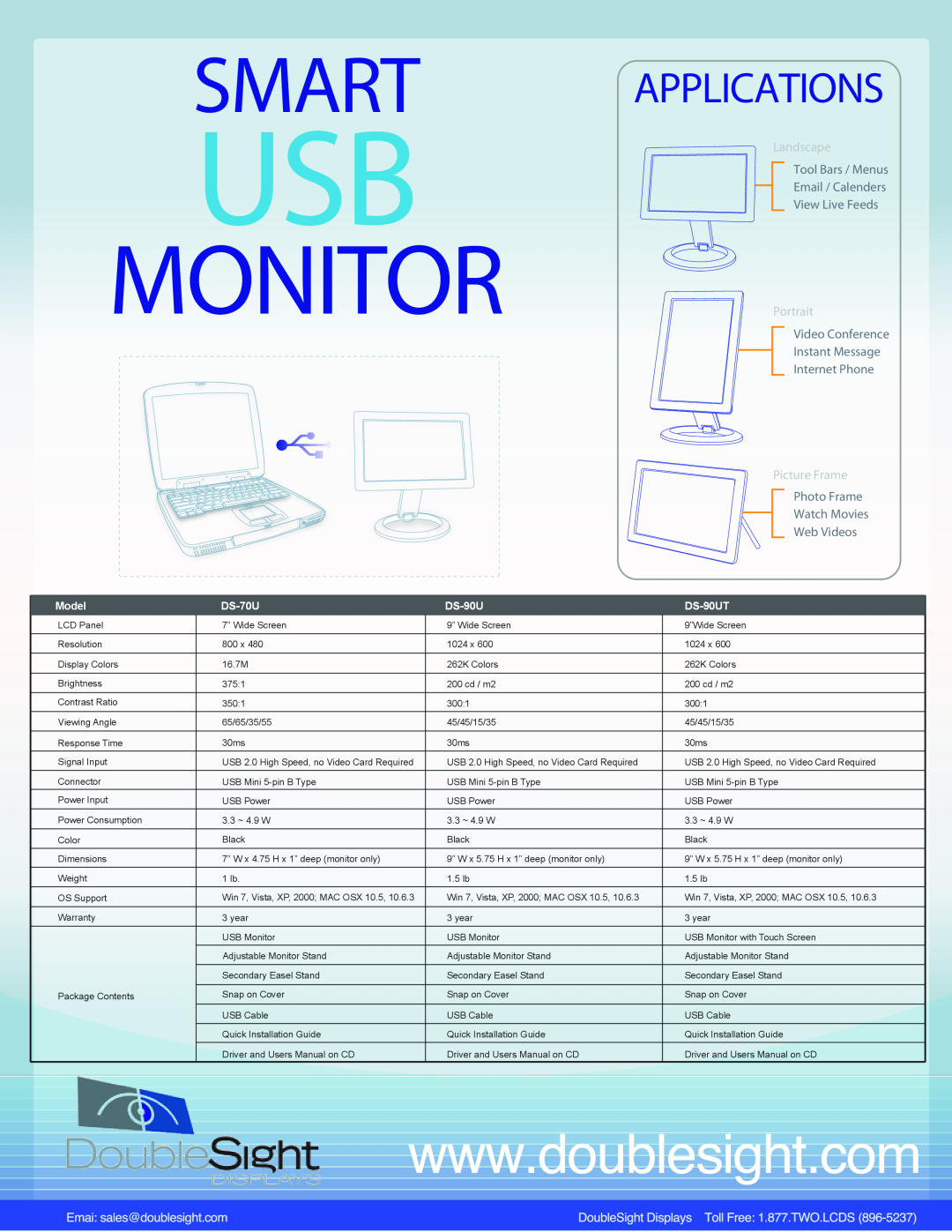 DoubleSight Displays DS-90UT Monitor, Smart, Applications, Landscape, Tool Bars / Menus Email / Calenders View Live Feeds 